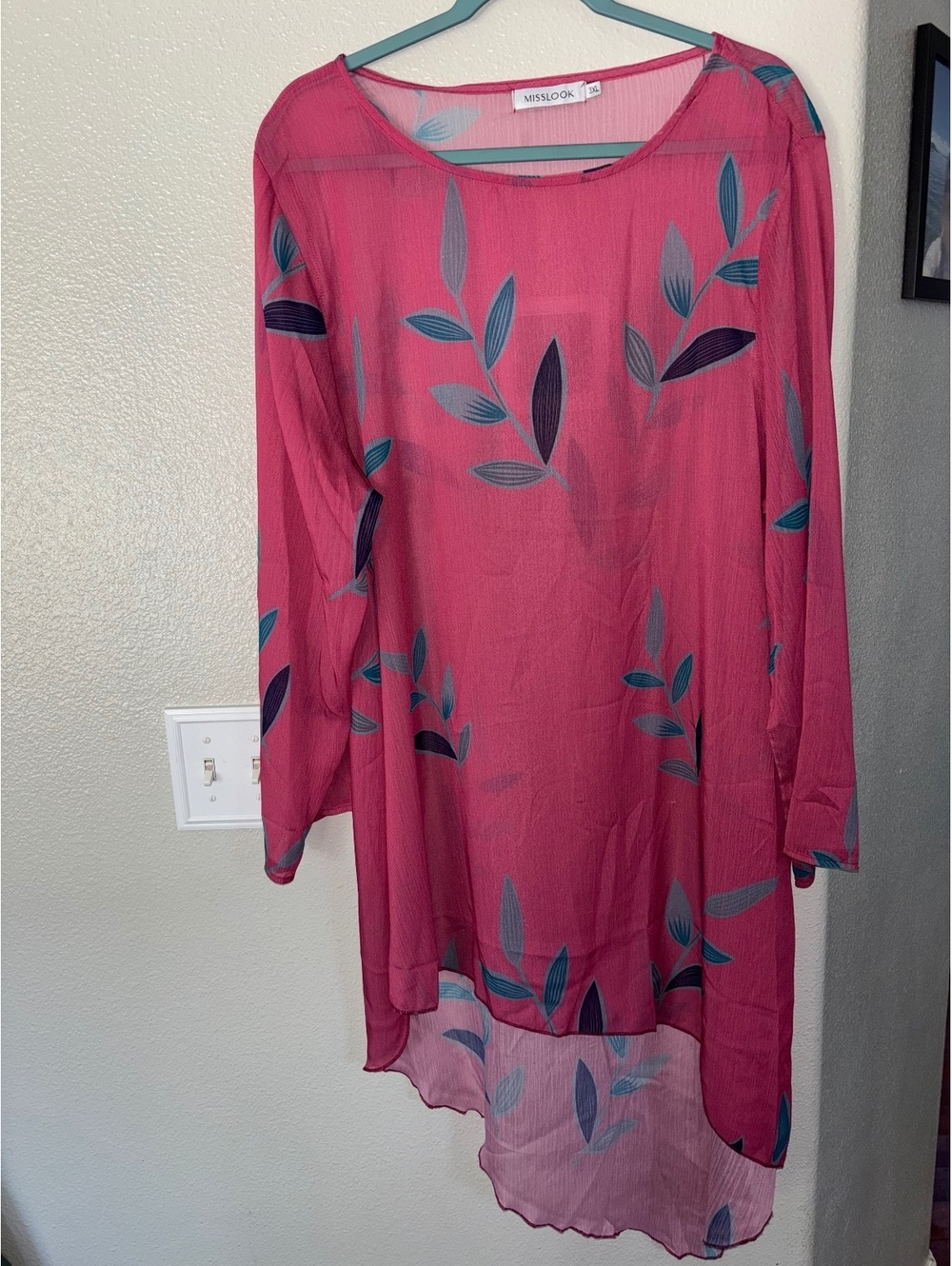 Misslook Plus Size 3XL Pink Botanical Tunic Chiffon Long Sleeve High Low Blouse